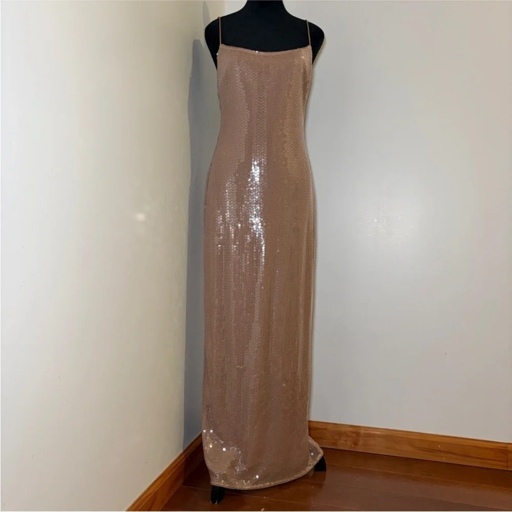 Reformation x Camille Rowe Bevelyn Dress Scoop Neck Midi Sequin Slip Size 6 Nude - Picture 5 of 14